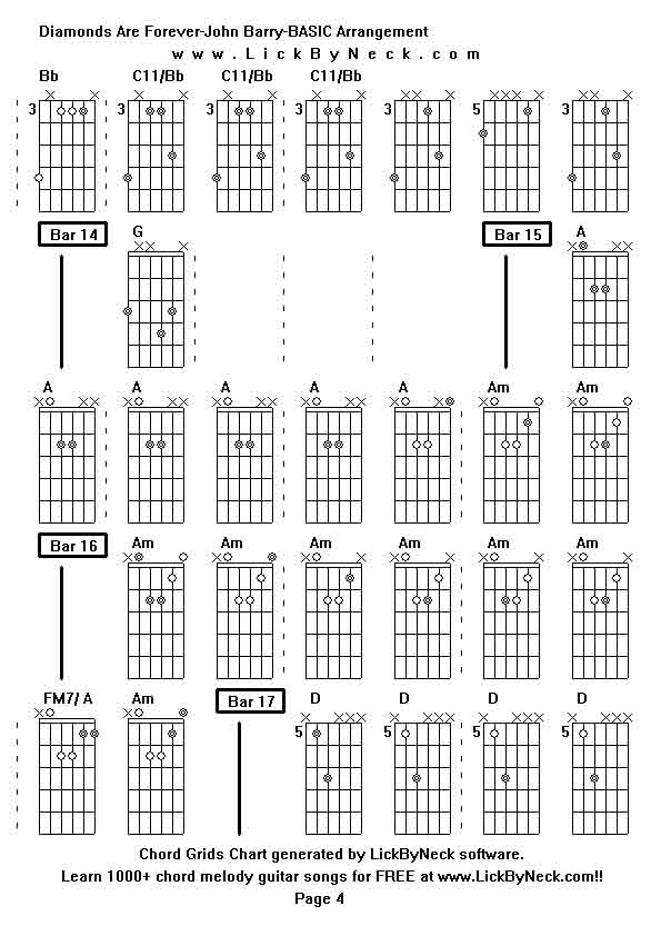 Chord Grids Chart of chord melody fingerstyle guitar song-Diamonds Are Forever-John Barry-BASIC Arrangement,generated by LickByNeck software.